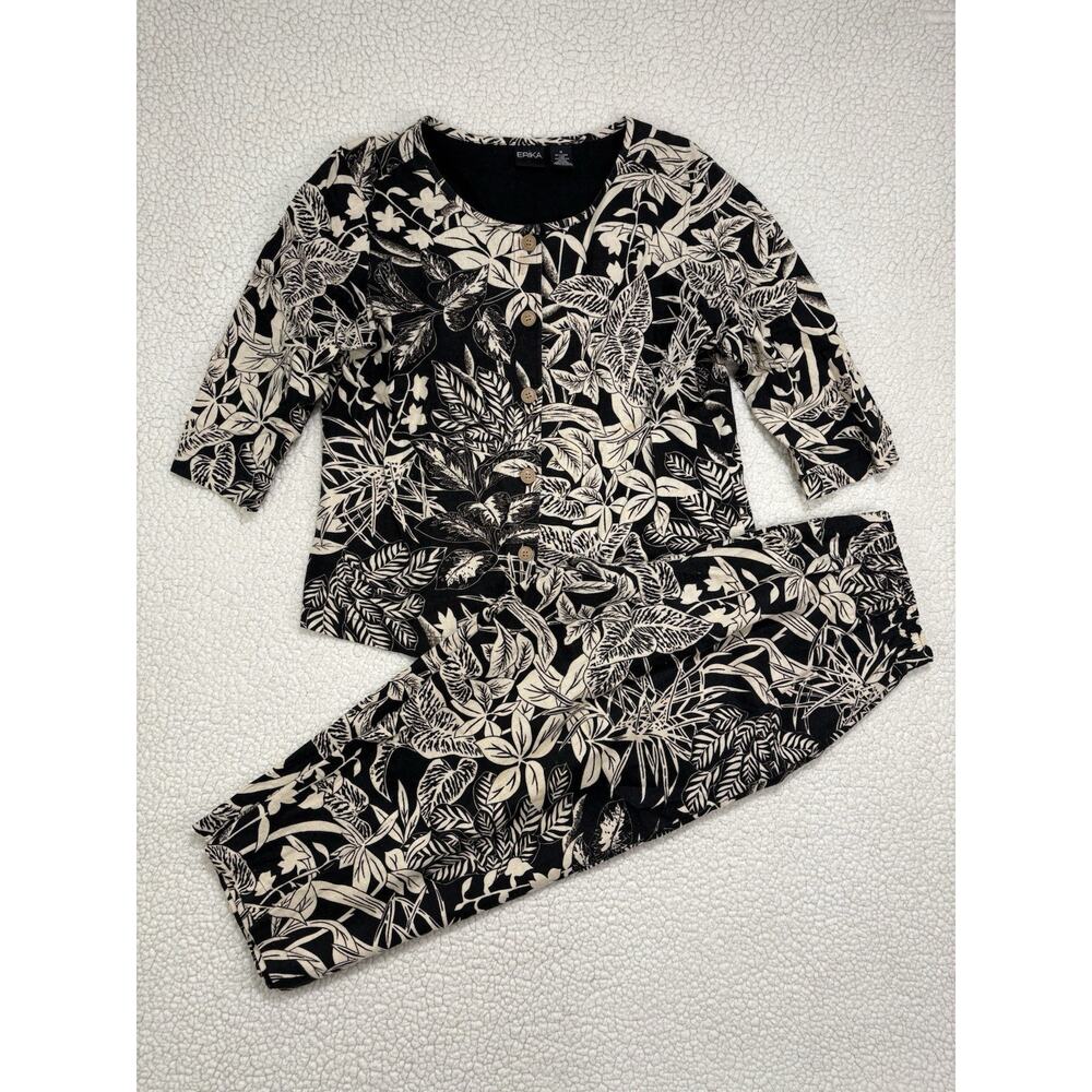 Vtg Erika Linen Blend Shirt Pants Set Womens M Black Cream Botanic Floral Beachy